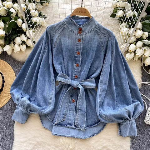 New Autumn Winter Lantern Sleeve Solid Stand Collar Top CODE: KAR3606