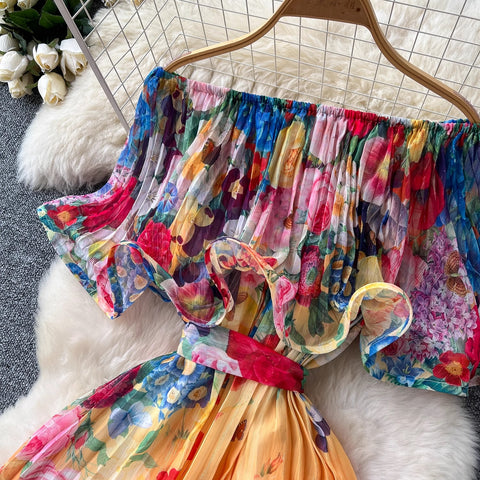 New Summer Off Shoulder Goregous Flower Slash Neck Ruffles Butterfly Sleeve Print Casual A Line Dress CODE: KAR3607