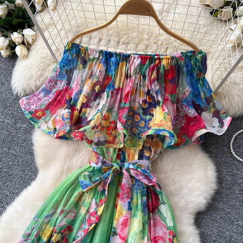 New Summer Off Shoulder Goregous Flower Slash Neck Ruffles Butterfly Sleeve Print Casual A Line Dress CODE: KAR3607