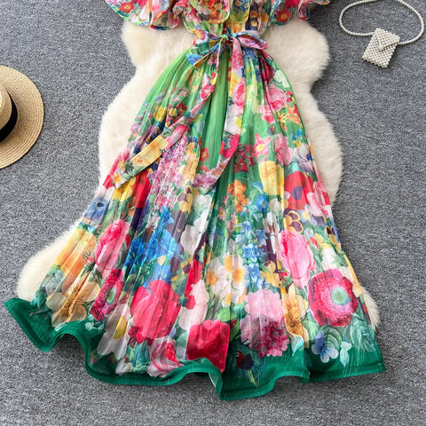 New Summer Off Shoulder Goregous Flower Slash Neck Ruffles Butterfly Sleeve Print Casual A Line Dress CODE: KAR3607
