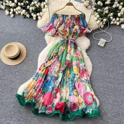 New Summer Off Shoulder Goregous Flower Slash Neck Ruffles Butterfly Sleeve Print Casual A Line Dress CODE: KAR3607