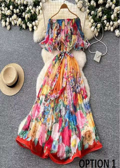 New Summer Off Shoulder Goregous Flower Slash Neck Ruffles Butterfly Sleeve Print Casual A Line Dress CODE: KAR3607