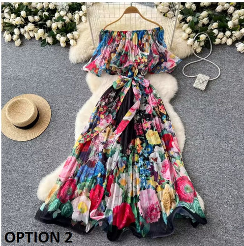 New Summer Off Shoulder Goregous Flower Slash Neck Ruffles Butterfly Sleeve Print Casual A Line Dress CODE: KAR3607