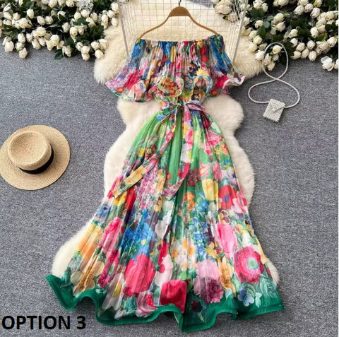 New Summer Off Shoulder Goregous Flower Slash Neck Ruffles Butterfly Sleeve Print Casual A Line Dress CODE: KAR3607