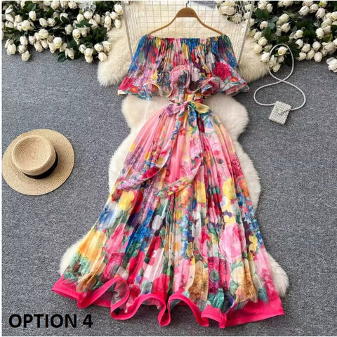 New Summer Off Shoulder Goregous Flower Slash Neck Ruffles Butterfly Sleeve Print Casual A Line Dress CODE: KAR3607
