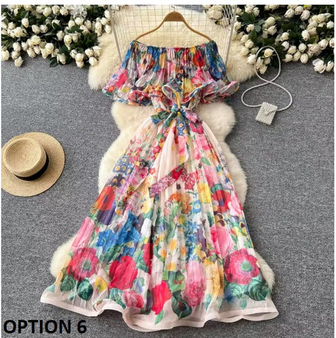 New Summer Off Shoulder Goregous Flower Slash Neck Ruffles Butterfly Sleeve Print Casual A Line Dress CODE: KAR3607