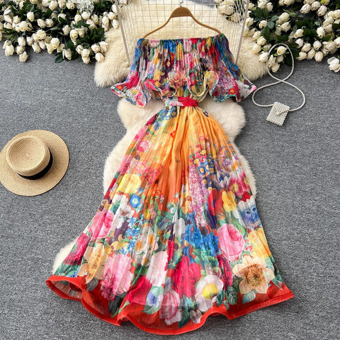 New Summer Off Shoulder Goregous Flower Slash Neck Ruffles Butterfly Sleeve Print Casual A Line Dress CODE: KAR3607