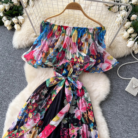 New Summer Off Shoulder Goregous Flower Slash Neck Ruffles Butterfly Sleeve Print Casual A Line Dress CODE: KAR3607