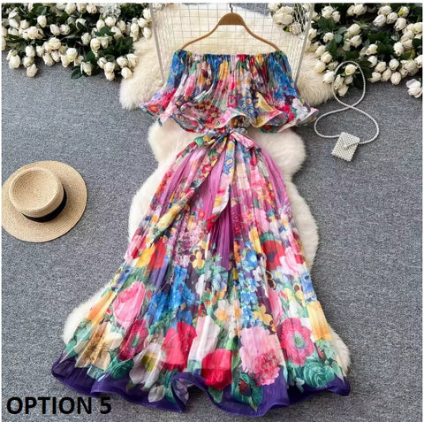 New Summer Off Shoulder Goregous Flower Slash Neck Ruffles Butterfly Sleeve Print Casual A Line Dress CODE: KAR3607