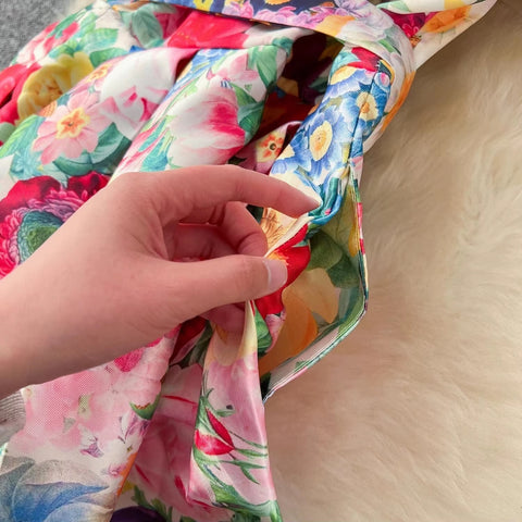 New Fashion Summer Floral Ruffles Sleeve Lace Up Bow Belt Printed Long Maxi Dress CODE: KAR3608