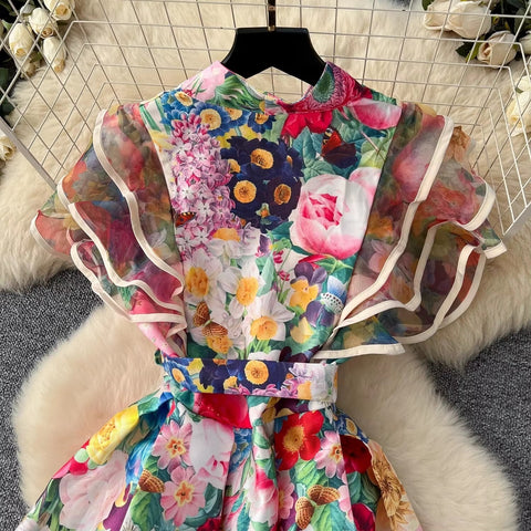 New Fashion Summer Floral Ruffles Sleeve Lace Up Bow Belt Printed Long Maxi Dress CODE: KAR3608