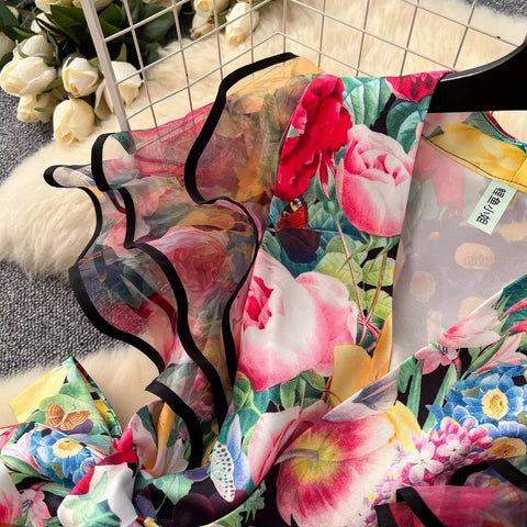 New Fashion Summer Floral Ruffles Sleeve Lace Up Bow Belt Printed Long Maxi Dress CODE: KAR3608