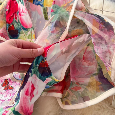 New Fashion Summer Floral Ruffles Sleeve Lace Up Bow Belt Printed Long Maxi Dress CODE: KAR3608