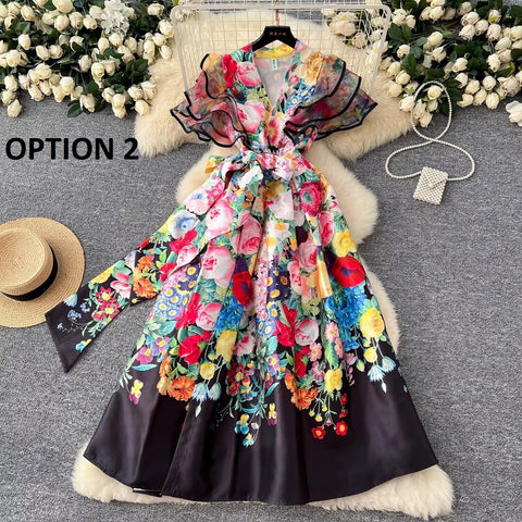 New Fashion Summer Floral Ruffles Sleeve Lace Up Bow Belt Printed Long Maxi Dress CODE: KAR3608