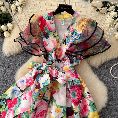 New Fashion Summer Floral Ruffles Sleeve Lace Up Bow Belt Printed Long Maxi Dress CODE: KAR3608