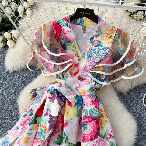 New Fashion Summer Floral Ruffles Sleeve Lace Up Bow Belt Printed Long Maxi Dress CODE: KAR3608