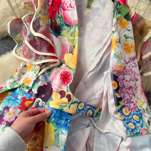 New Fashion Summer Floral Ruffles Sleeve Lace Up Bow Belt Printed Long Maxi Dress CODE: KAR3608