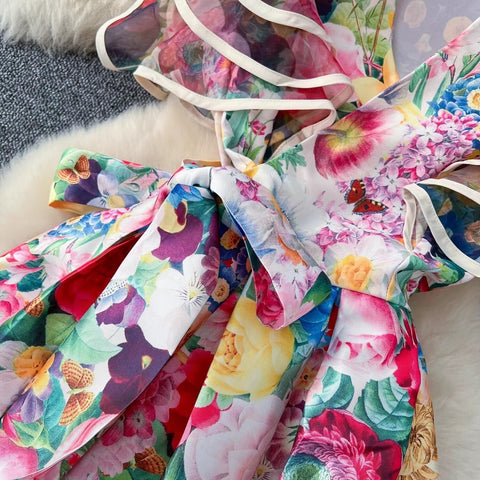 New Fashion Summer Floral Ruffles Sleeve Lace Up Bow Belt Printed Long Maxi Dress CODE: KAR3608