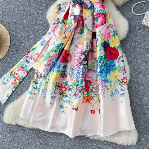 New Fashion Summer Floral Ruffles Sleeve Lace Up Bow Belt Printed Long Maxi Dress CODE: KAR3608