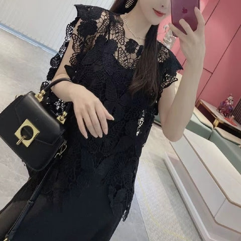 Summer Butterfly Pattern Hollow Lace High end  Loose Sleeveless Top CODE: KAR3620