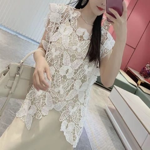 Summer Butterfly Pattern Hollow Lace High end  Loose Sleeveless Top CODE: KAR3620