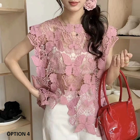 Summer Butterfly Pattern Hollow Lace High end  Loose Sleeveless Top CODE: KAR3620