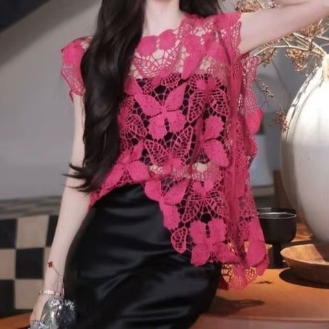 Summer Butterfly Pattern Hollow Lace High end  Loose Sleeveless Top CODE: KAR3620