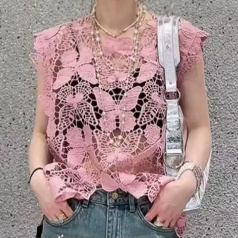 Summer Butterfly Pattern Hollow Lace High end  Loose Sleeveless Top CODE: KAR3620