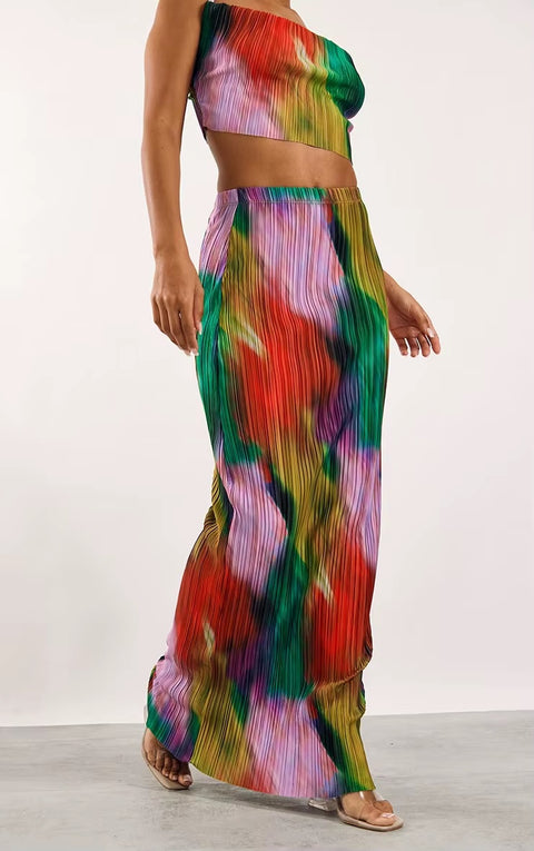 New Printed Pleated Sling Sleeveless Crop Top Wrap Hip Long Skirt Sets CODE: KAR3621