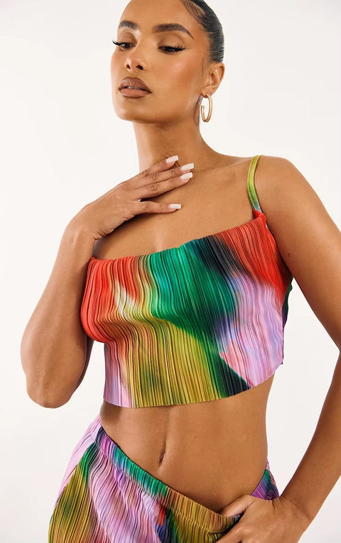 New Printed Pleated Sling Sleeveless Crop Top Wrap Hip Long Skirt Sets CODE: KAR3621