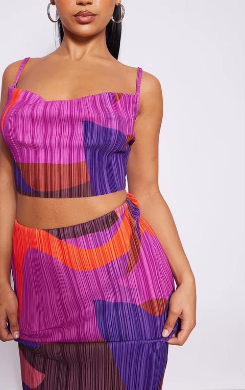 New Printed Pleated Sling Sleeveless Crop Top Wrap Hip Long Skirt Sets CODE: KAR3621