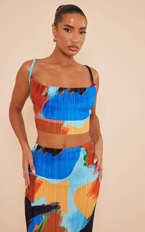 New Printed Pleated Sling Sleeveless Crop Top Wrap Hip Long Skirt Sets CODE: KAR3621