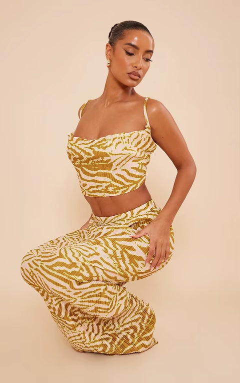 New Printed Pleated Sling Sleeveless Crop Top Wrap Hip Long Skirt Sets CODE: KAR3621