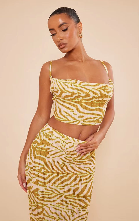 New Printed Pleated Sling Sleeveless Crop Top Wrap Hip Long Skirt Sets CODE: KAR3621