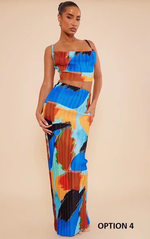 New Printed Pleated Sling Sleeveless Crop Top Wrap Hip Long Skirt Sets CODE: KAR3621