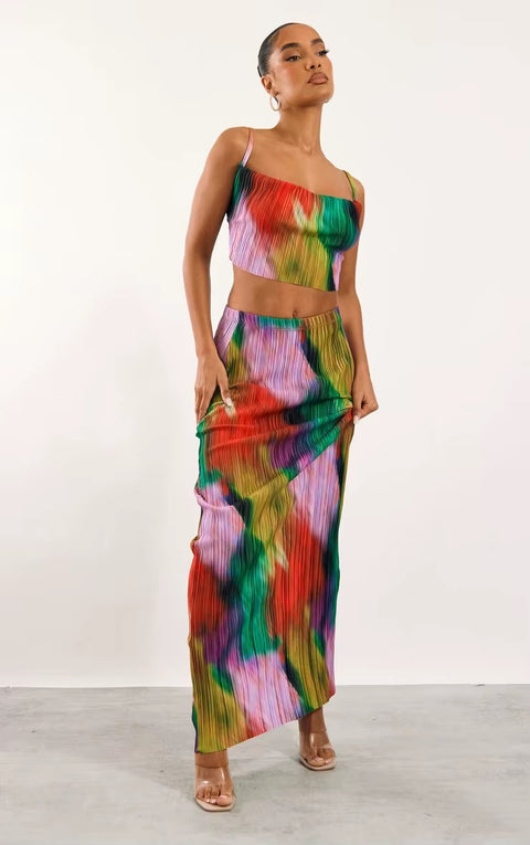 New Printed Pleated Sling Sleeveless Crop Top Wrap Hip Long Skirt Sets CODE: KAR3621