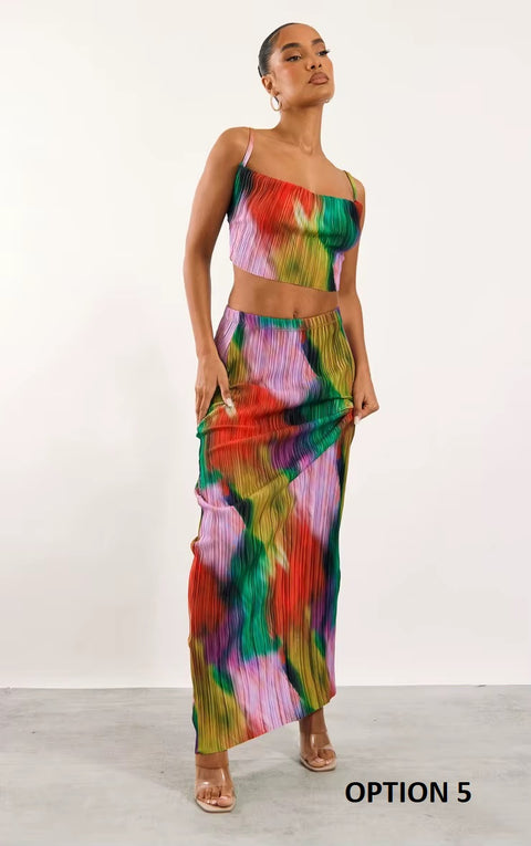 New Printed Pleated Sling Sleeveless Crop Top Wrap Hip Long Skirt Sets CODE: KAR3621