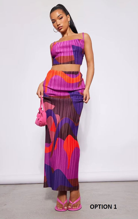 New Printed Pleated Sling Sleeveless Crop Top Wrap Hip Long Skirt Sets CODE: KAR3621