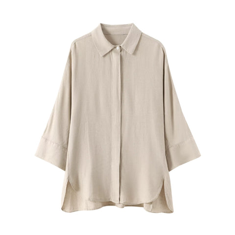 New Casual Solid Loose Long Sleeve Lapel Shirts Elastic Waist Wide Leg Trouser Set CODE: KAR3624