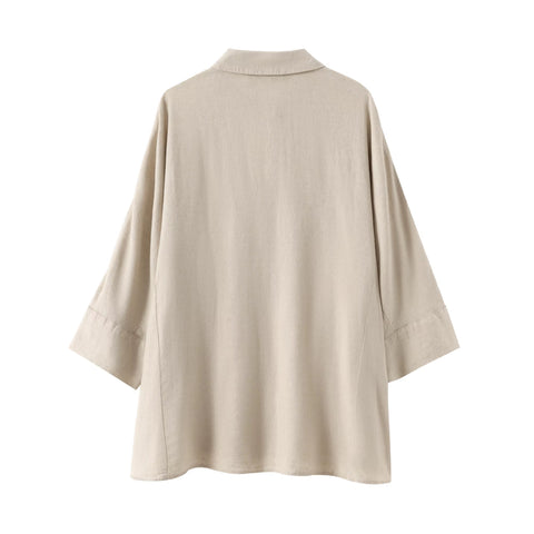 New Casual Solid Loose Long Sleeve Lapel Shirts Elastic Waist Wide Leg Trouser Set CODE: KAR3624