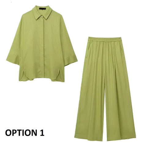 New Casual Solid Loose Long Sleeve Lapel Shirts Elastic Waist Wide Leg Trouser Set CODE: KAR3624