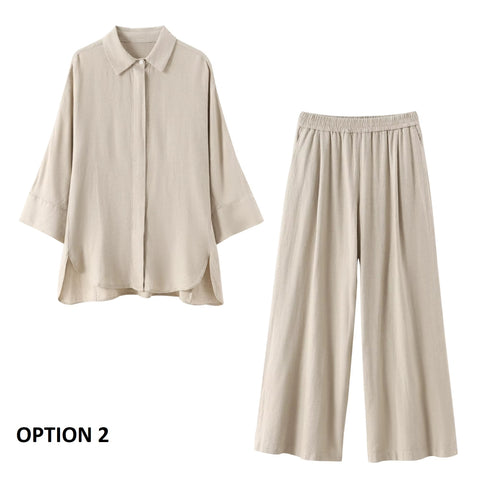 New Casual Solid Loose Long Sleeve Lapel Shirts Elastic Waist Wide Leg Trouser Set CODE: KAR3624