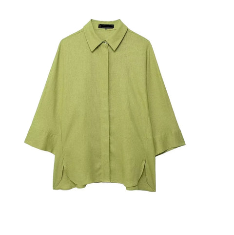 New Casual Solid Loose Long Sleeve Lapel Shirts Elastic Waist Wide Leg Trouser Set CODE: KAR3624