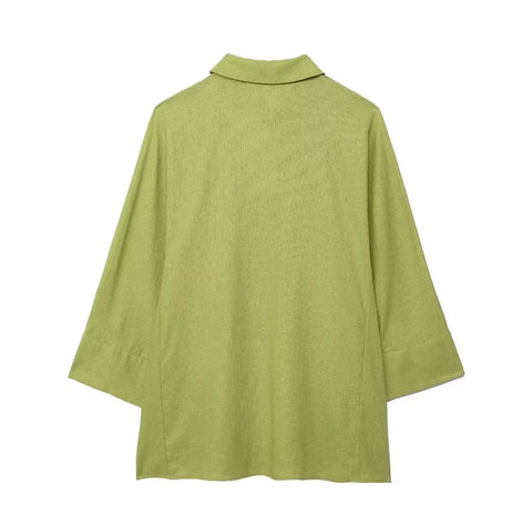New Casual Solid Loose Long Sleeve Lapel Shirts Elastic Waist Wide Leg Trouser Set CODE: KAR3624