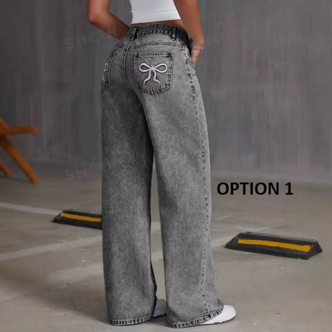 New Fashionable Back Pocket Bow Embroidered Wide Leg Pant CODE: KAR3625