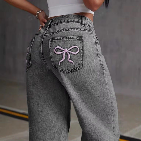 New Fashionable Back Pocket Bow Embroidered Wide Leg Pant CODE: KAR3625