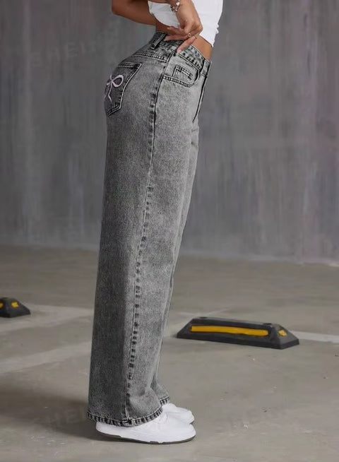 New Fashionable Back Pocket Bow Embroidered Wide Leg Pant CODE: KAR3625