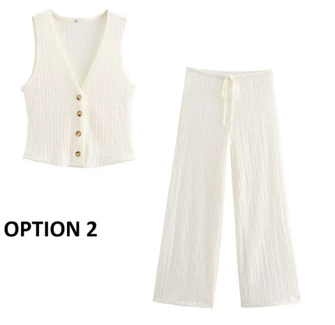 New V-Neck Single Breasted Solid Texture Casual Vest Top + Fashion High-Waisted Wide Leg Pant Set CODE: KAR3626