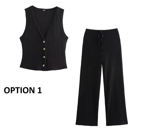 New V-Neck Single Breasted Solid Texture Casual Vest Top + Fashion High-Waisted Wide Leg Pant Set CODE: KAR3626