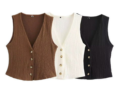 New V-Neck Single Breasted Solid Texture Casual Vest Top + Fashion High-Waisted Wide Leg Pant Set CODE: KAR3626